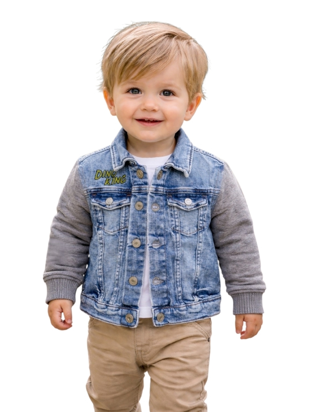 H&M Blue Denim Jacket with Gray Sweatshirt Sleeves - Size 2/3